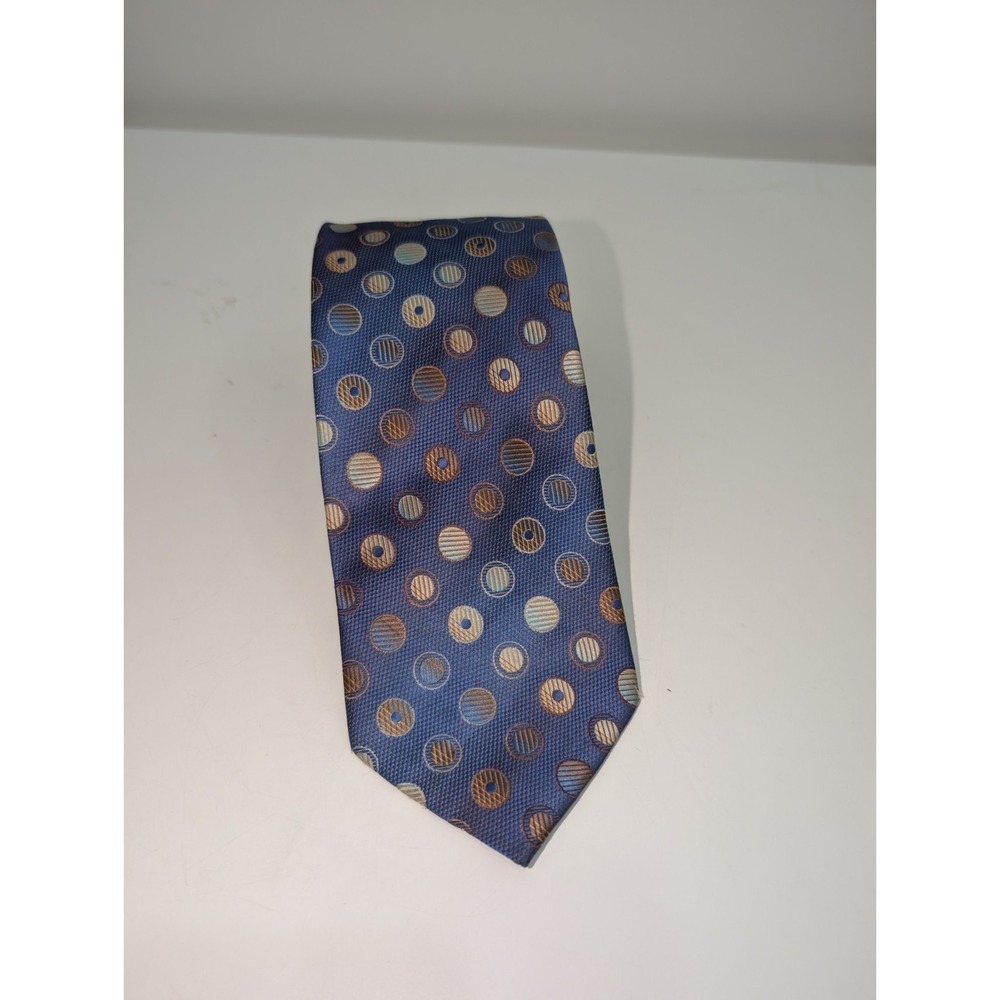 STACY ADAMS Microfiber Tie Blue Orange Cream Circles Mens Necktie